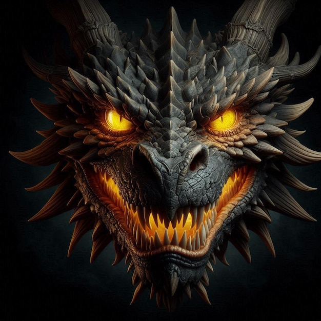 dragon face in the dark with gleaming yellow reptilian eyes