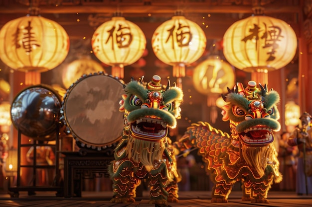 Dragon Festival Celebration with Intricate Costumes and Traditional Instruments on Wooden Backdrop