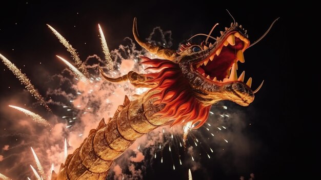 A dragon flies in the night sky against the backdrop of fireworks Celebrating Chinese New Year