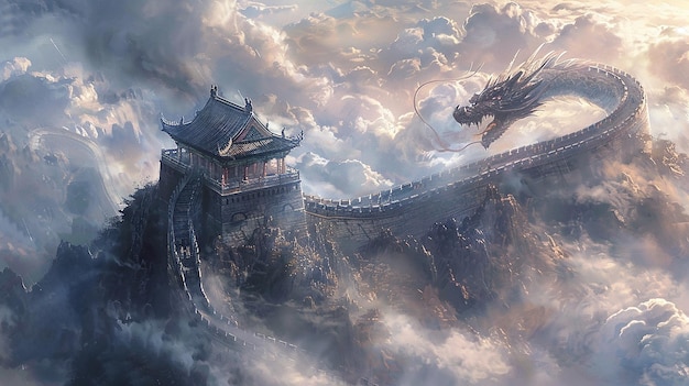 a dragon flying over a chinese chinese chinese temple