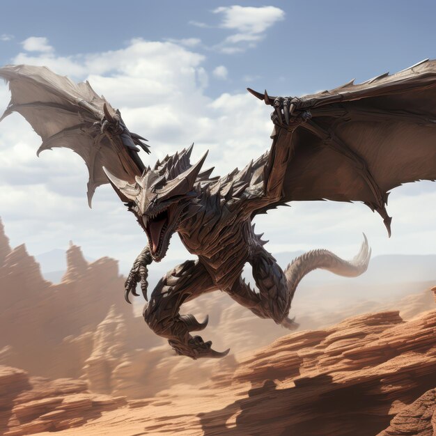 Photo a dragon flying over a desert area