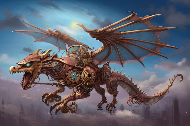 A dragon flying in the sky with a clock on it.