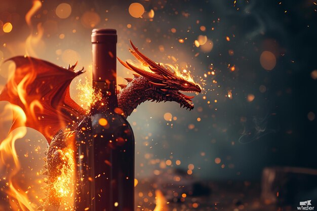 dragon flying over wine bottle in the smoke slow motion blue and gold background