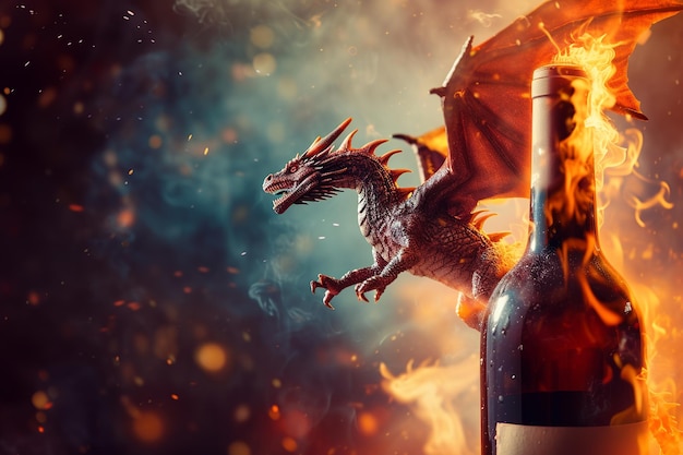 dragon flying over wine bottle in the smoke slow motion blue and gold background