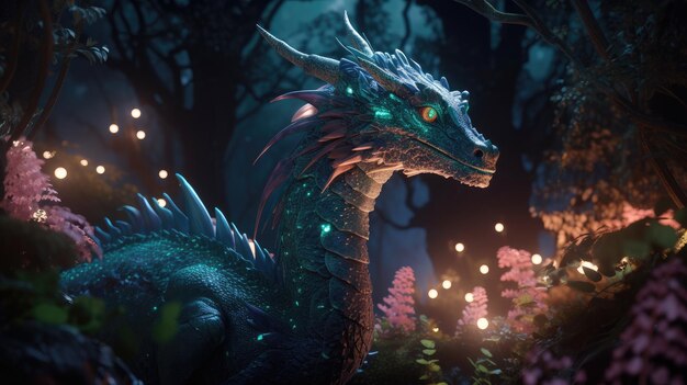 A dragon in a forest with a pink flower in the background