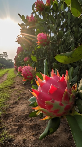 A dragon fruit plant with the sun shining on it