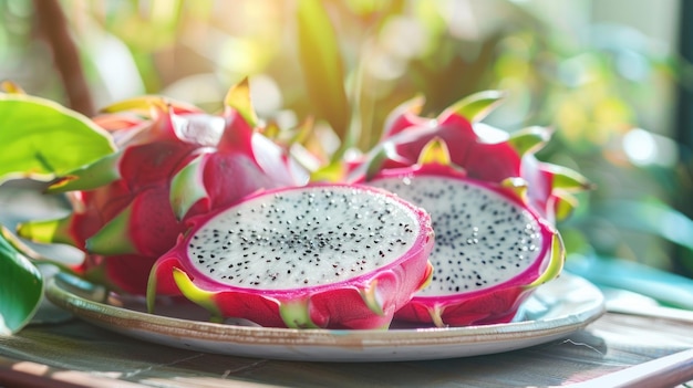 dragon fruit slice and cut half on white plate with pitahaya background fresh white and red purple dragon fruit tropical Ai generated