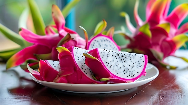 Photo dragon fruit slices on a white plate