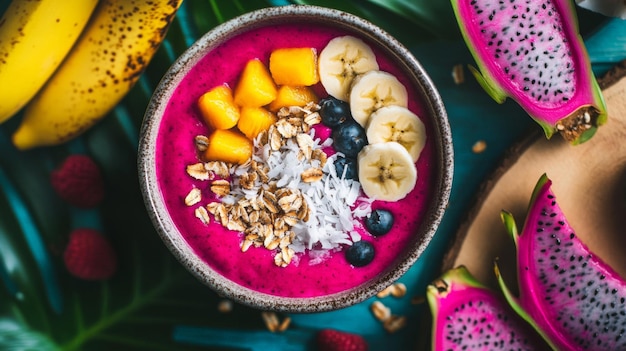 Photo dragon fruit smoothie bowl with mango banana and berries