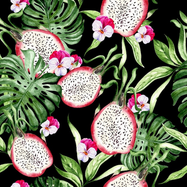 Dragon fruit and tropical leaves seamless patterns on black background watercolor illustration