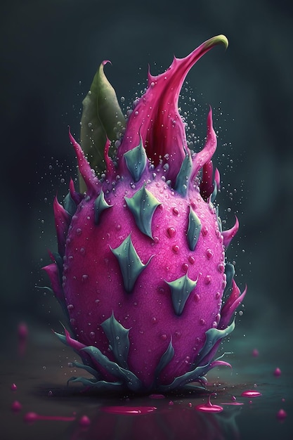 A dragon fruit with green leaves and the word dragon on it