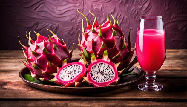 Dragon fruit with juice in a tray on wooden table and plaster wall