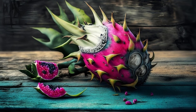 A dragon fruit with a purple fruit on a blue table.