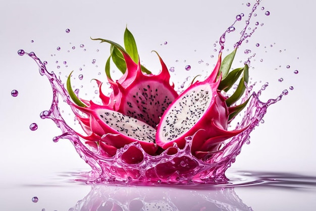 dragon fruit with splashes of water isolated on a plain white background generative ai