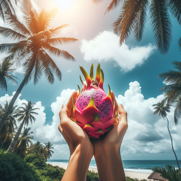 Dragon fruit in woman hand blue sky and palms background