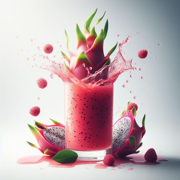 dragon fruits juice with splashes in a transparent glass on a plain white background