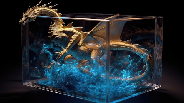 A dragon in a glass container with a black background