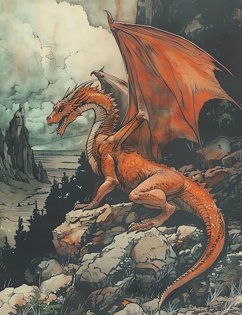 A dragon guarding its lair medival page Junk Journal