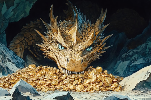 Photo dragon guarding treasure in a cave