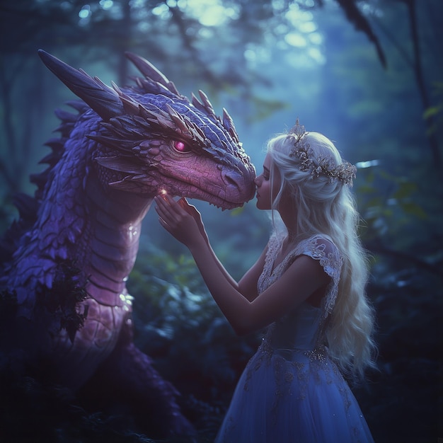 Photo dragon hatchling serene girl pastel tones enchanted forest magical aura