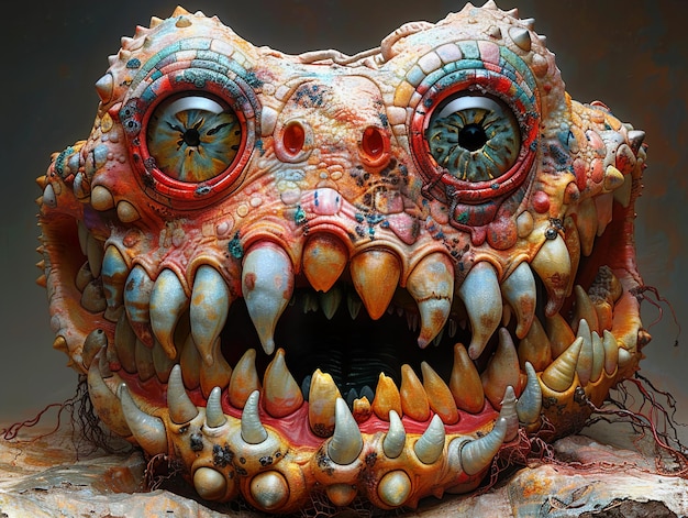 a dragon head with a dragon face and eyes painted like a dragon