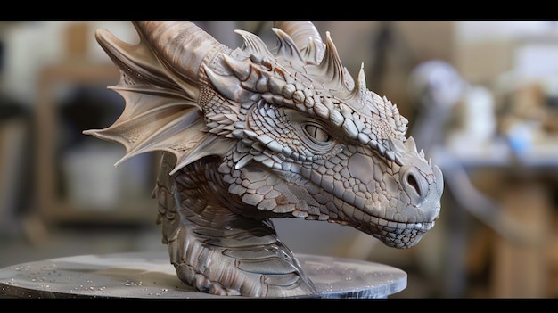 a dragon head with a dragon on it sits on a table