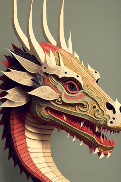 A dragon head with a red face and a gold nose.