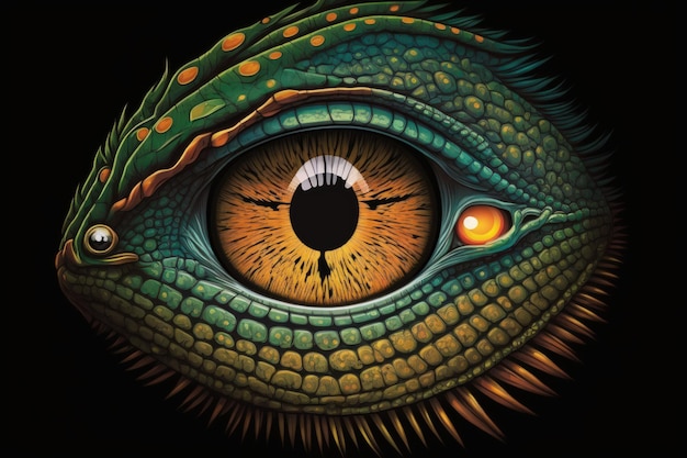 Dragon heads eyeball in close up with an orange green iguana reptile in isolation on a dark