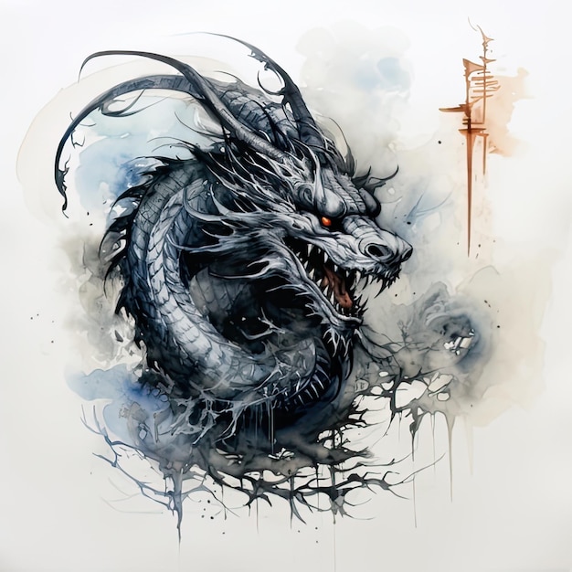 Dragon illustration in ink monochrome painting on white background