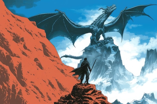 a dragon is on a cliff with a man standing on the edge of it