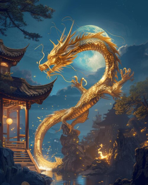 a dragon is flying or playing with colorful Chinese For wallpaper gold dragon near a traditional moo