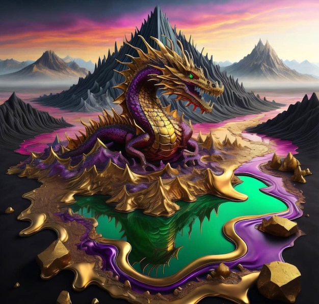 A dragon is on a lake with mountains in the background.