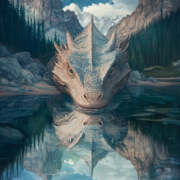 Photo a dragon is reflected in a lake with mountains in the background