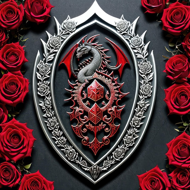 A dragon is in a shield with red roses on the bottom.