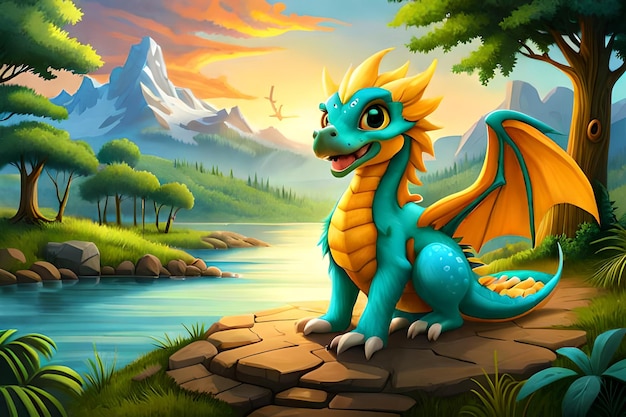 A dragon is standing on a rock by a river.