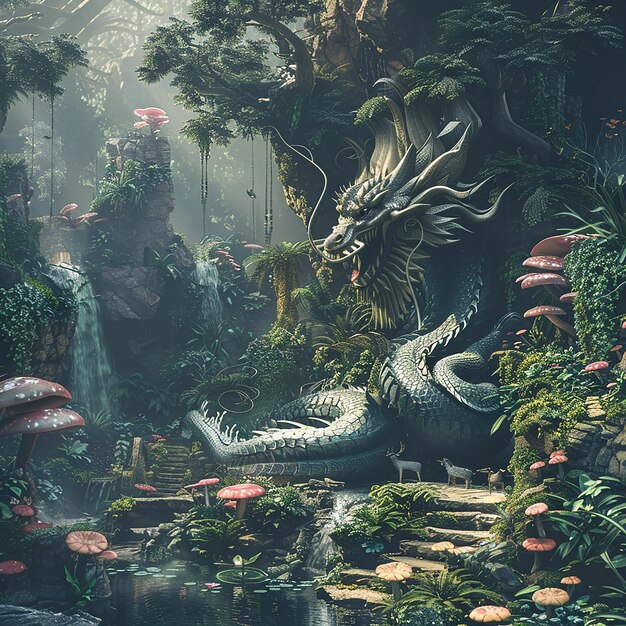 a dragon in a jungle with a waterfall in the background