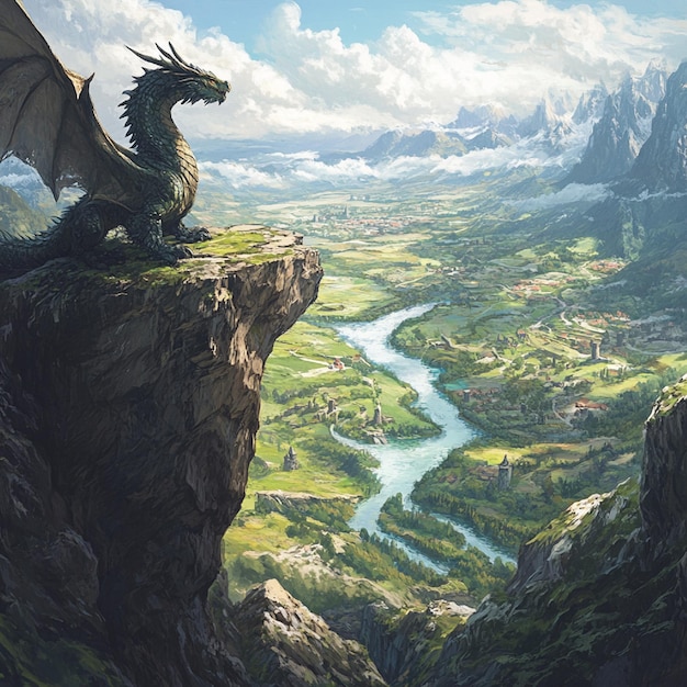 Photo a dragon lair overlooking a sprawling valley below