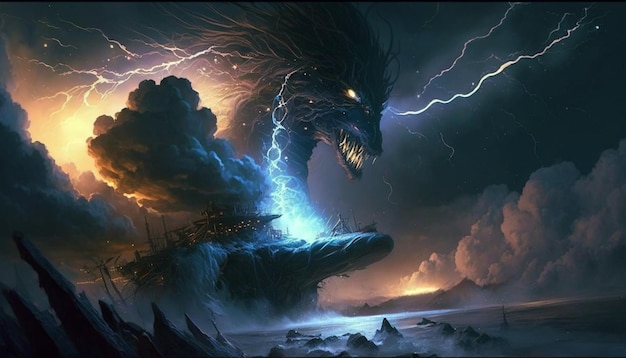 Dragon and lightning in the sky