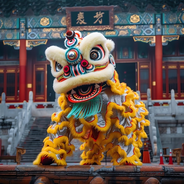 Photo dragon or lion dance show barongsai in celebration chinese lunar new year festival asian traditional