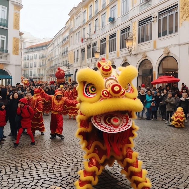 Dragon or lion dance show barongsai in celebration chinese lunar new year festival Asian traditional