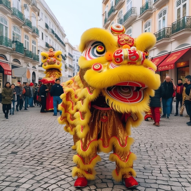 Dragon or lion dance show barongsai in celebration chinese lunar new year festival Asian traditional