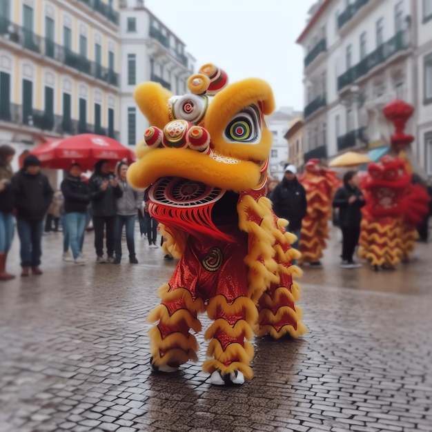 Dragon or lion dance show barongsai in celebration chinese lunar new year festival Asian traditional