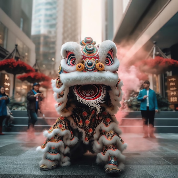 Dragon or lion dance show barongsai in celebration chinese lunar new year festival Asian traditional