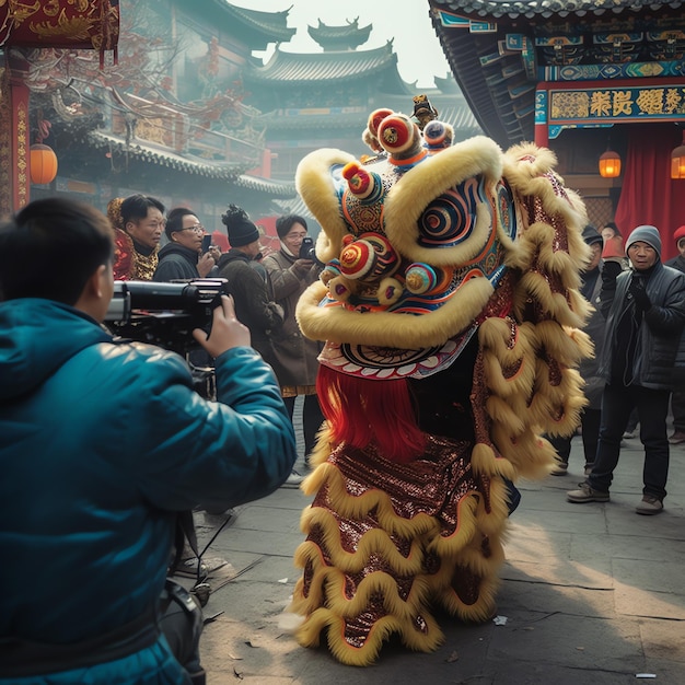 Dragon or lion dance show barongsai in celebration chinese lunar new year festival Asian traditional