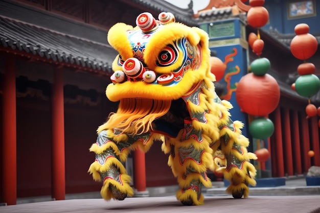 Dragon or lion dance show barongsai in celebration chinese lunar new year festival Asian traditional