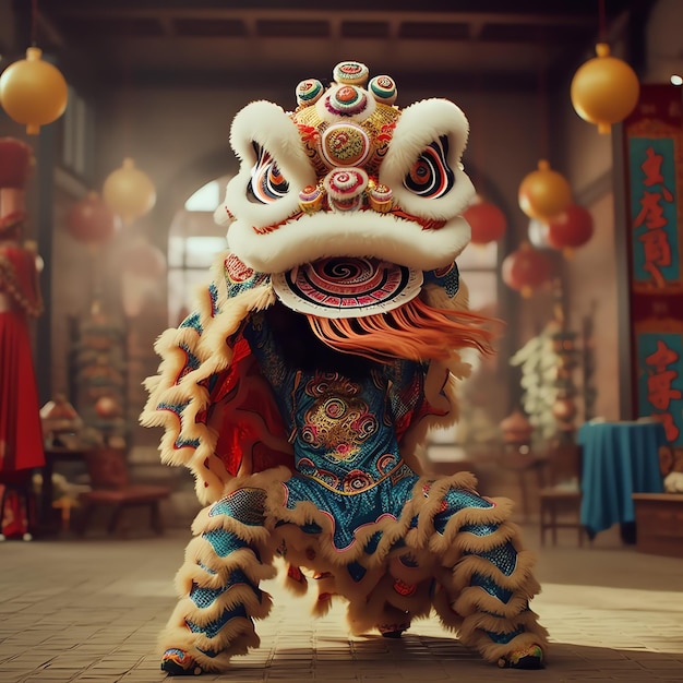 Dragon or lion dance show barongsai in celebration chinese lunar new year festival Asian traditional