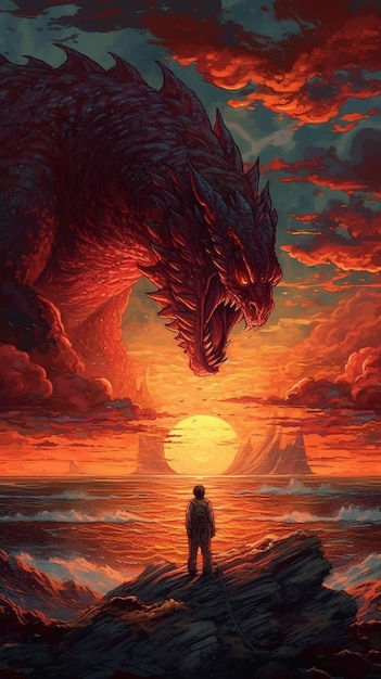 A dragon and a man are looking at the sunset.