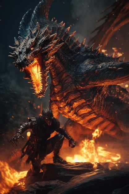 A dragon and a man fighting a fire