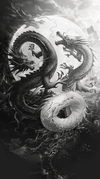 Dragon and moon in black and white tone 3D illustration