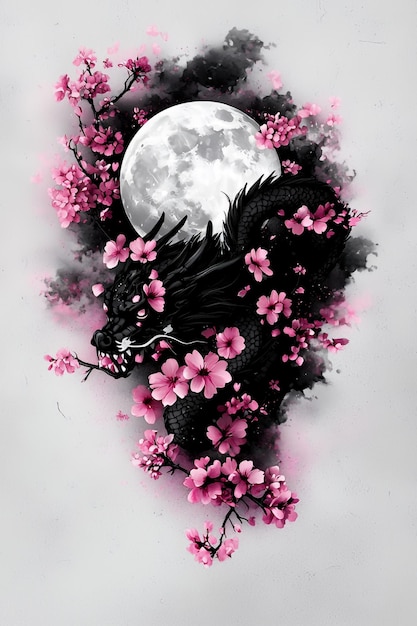 Dragon in the Moonlight with Cherry Blossoms